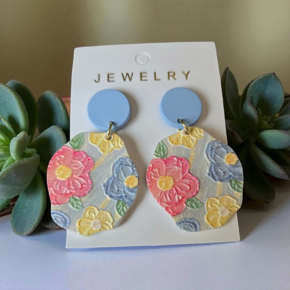 Flowerful Colorful Embossed Acrylic‎ Earrings with Blue Studs